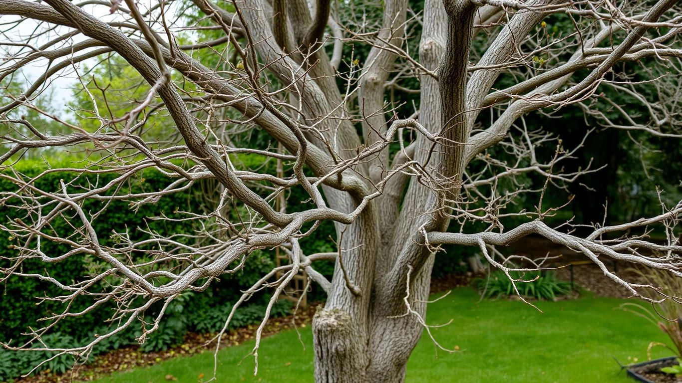 A withered oak tree in a garden.