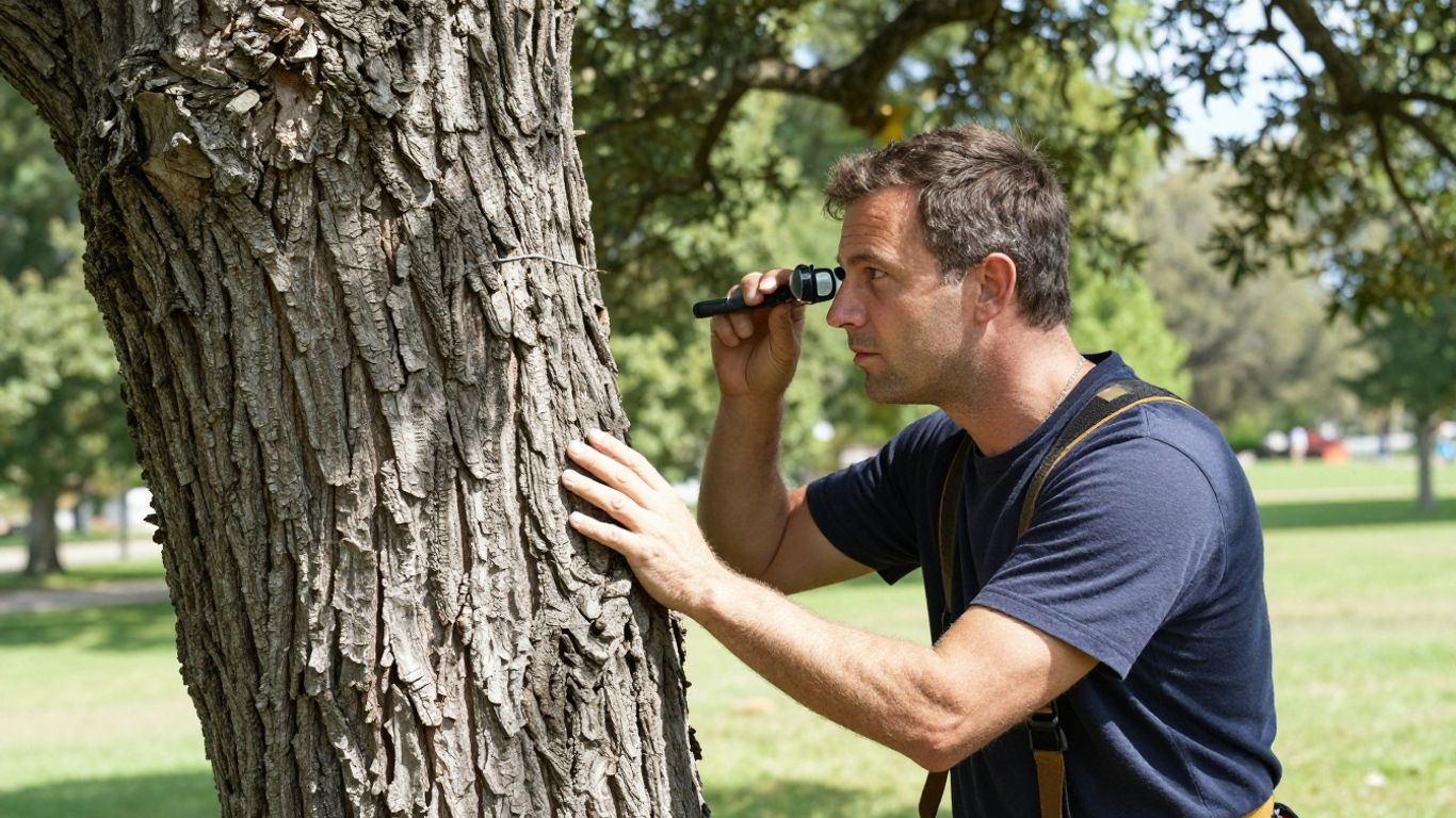 Arborist inspecting a tree trunk