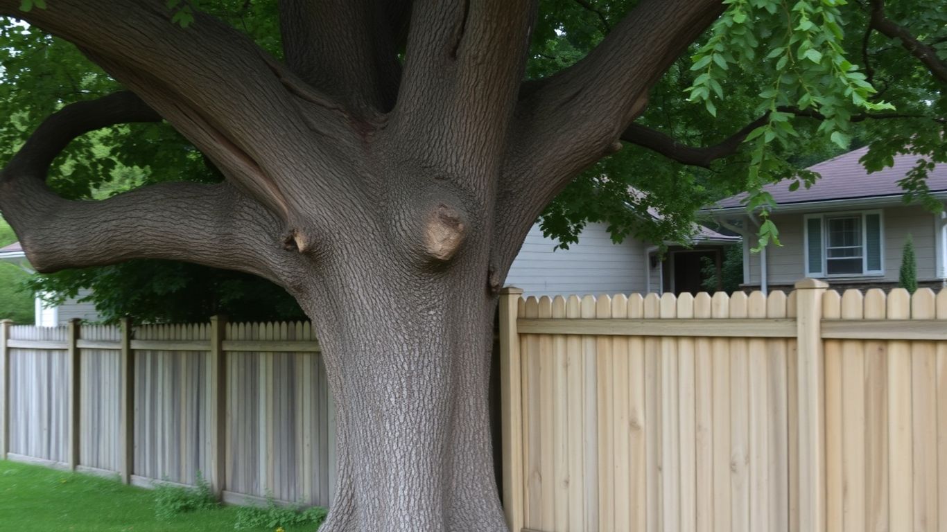 A large tree leaning near a wooden fence.
