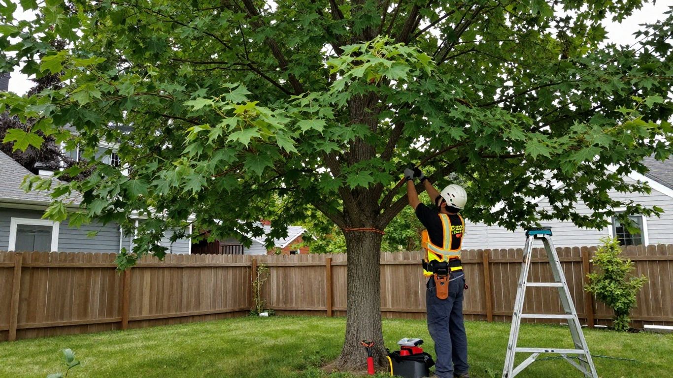 Arborist trimming branches from mature backyard tree